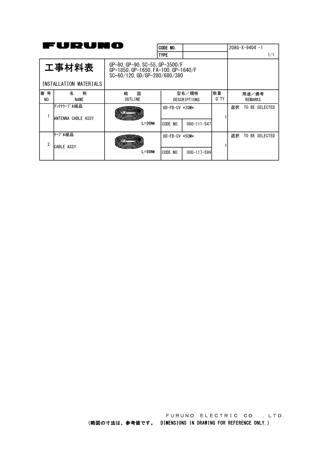 Furuno GP-1650WD installation manual 工事材料表 