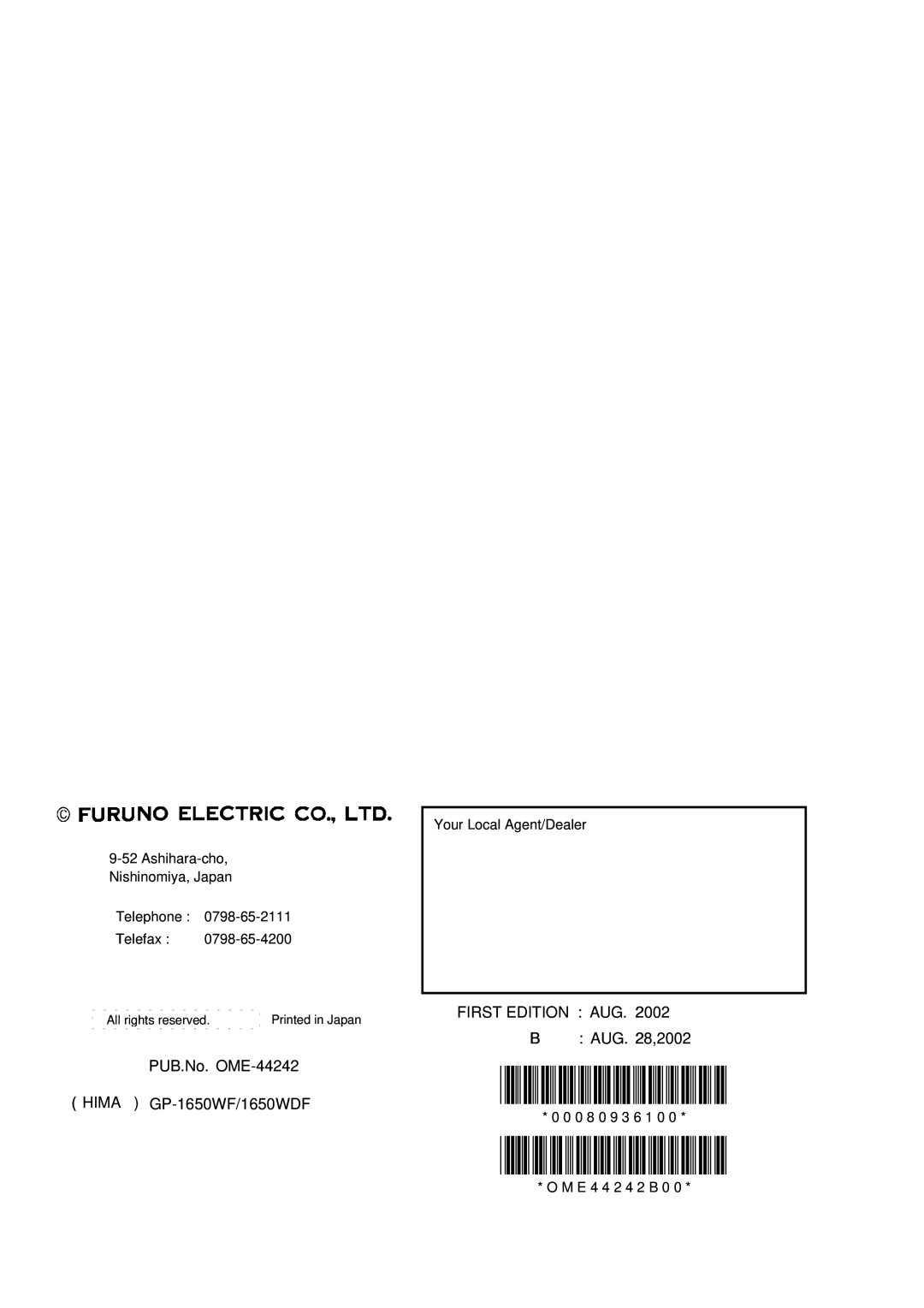 Furuno GP-1650WF, GP-1650WDF manual 00080936100 