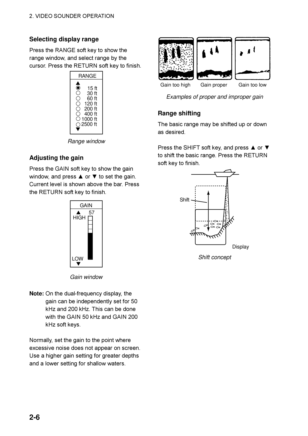 Furuno GP-1650WF, GP-1650WDF manual Selecting display range, Adjusting the gain, Range shifting 