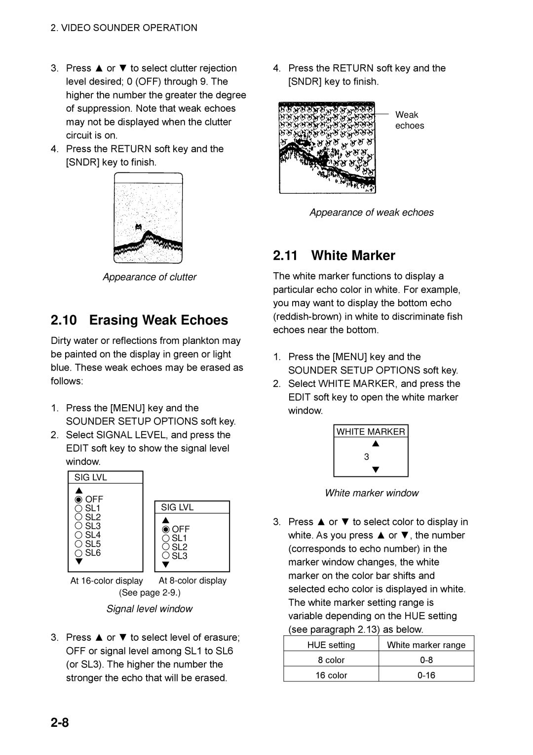 Furuno GP-1650WF, GP-1650WDF manual Erasing Weak Echoes, White Marker 