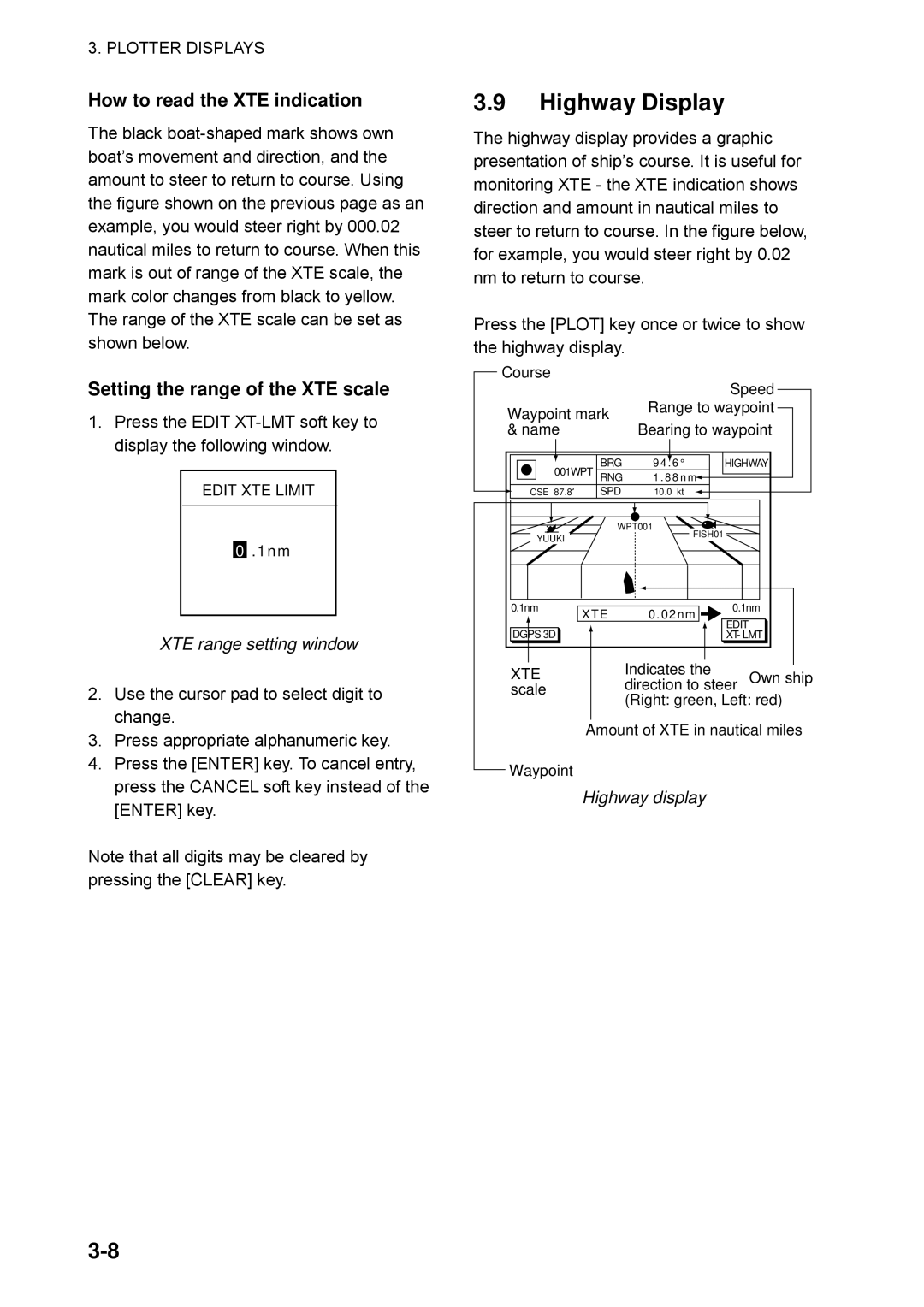 Furuno GP-1650WF Highway Display, How to read the XTE indication, Setting the range of the XTE scale, Highway display 