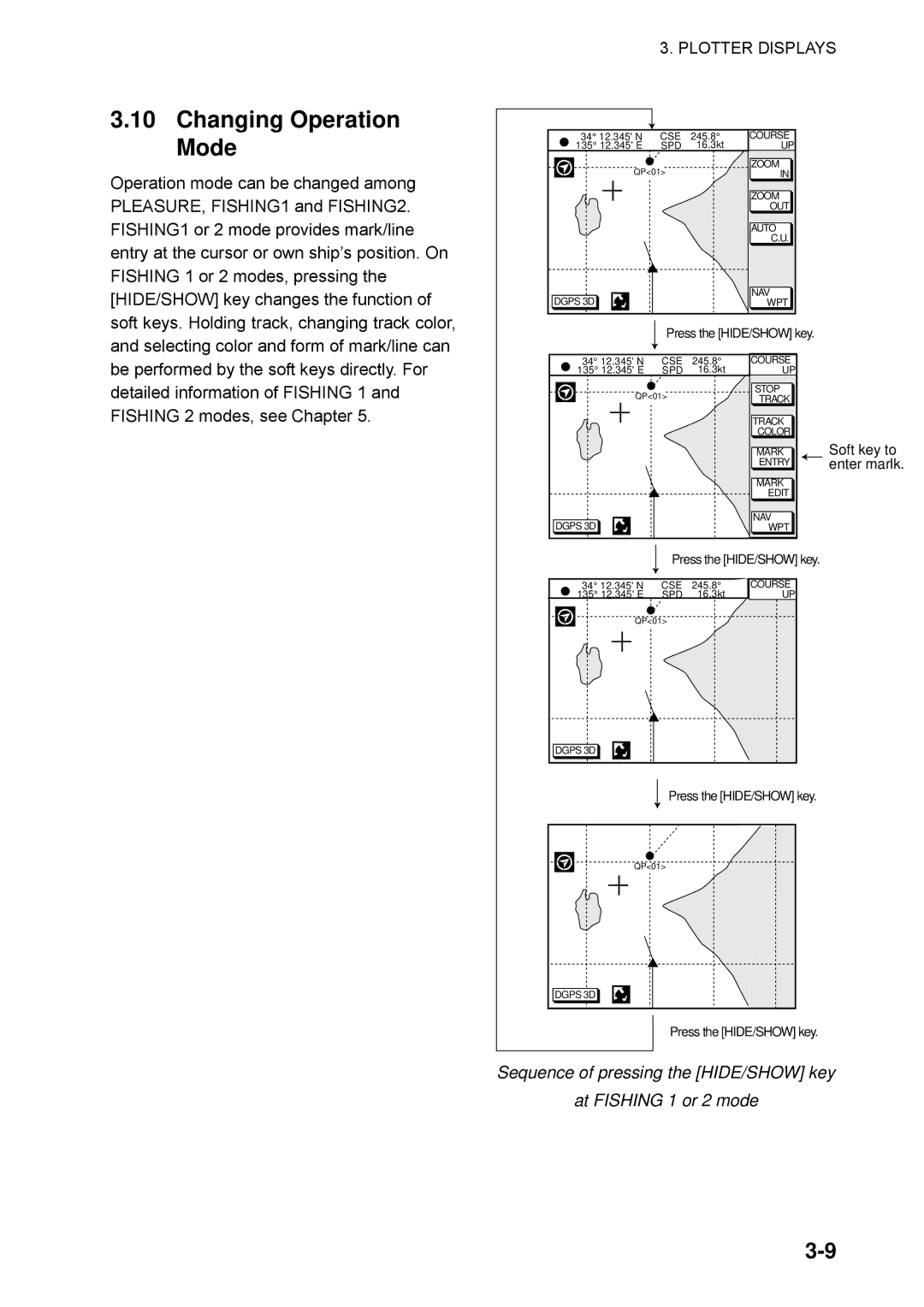 Furuno GP-1650WDF, GP-1650WF manual Changing Operation Mode, Press the HIDE/SHOW key 