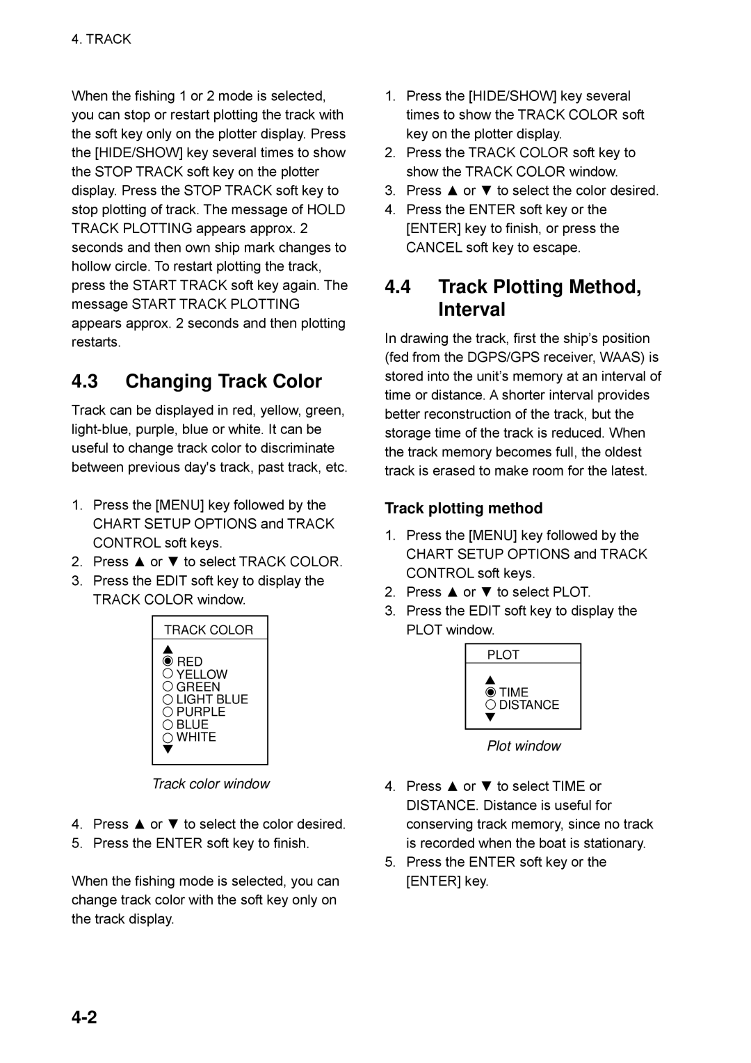 Furuno GP-1650WF manual Changing Track Color, Track Plotting Method, Interval, Track plotting method, Track color window 