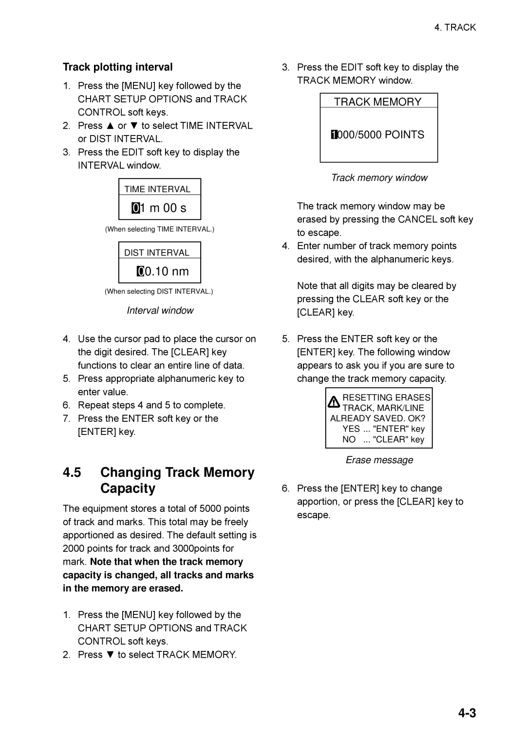 Furuno GP-1650WDF, GP-1650WF Changing Track Memory Capacity, Track plotting interval, Interval window, Track memory window 