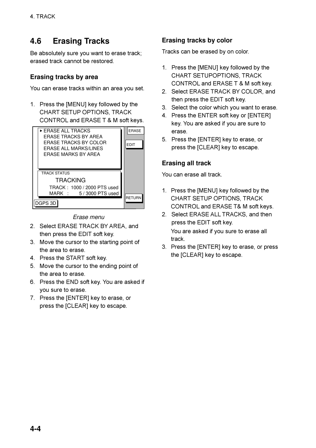 Furuno GP-1650WF manual Erasing Tracks, Erasing tracks by area, Erasing tracks by color, Erasing all track, Erase menu 