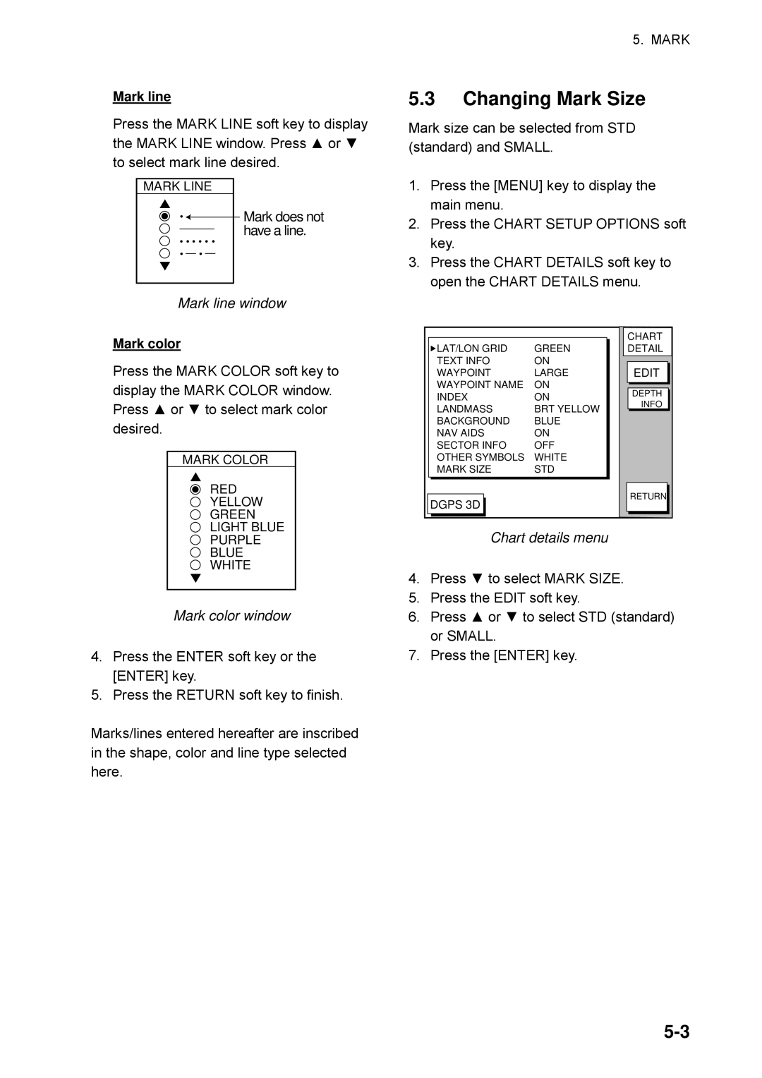 Furuno GP-1650WDF, GP-1650WF manual Changing Mark Size, Mark line window, Mark color window, Chart details menu 