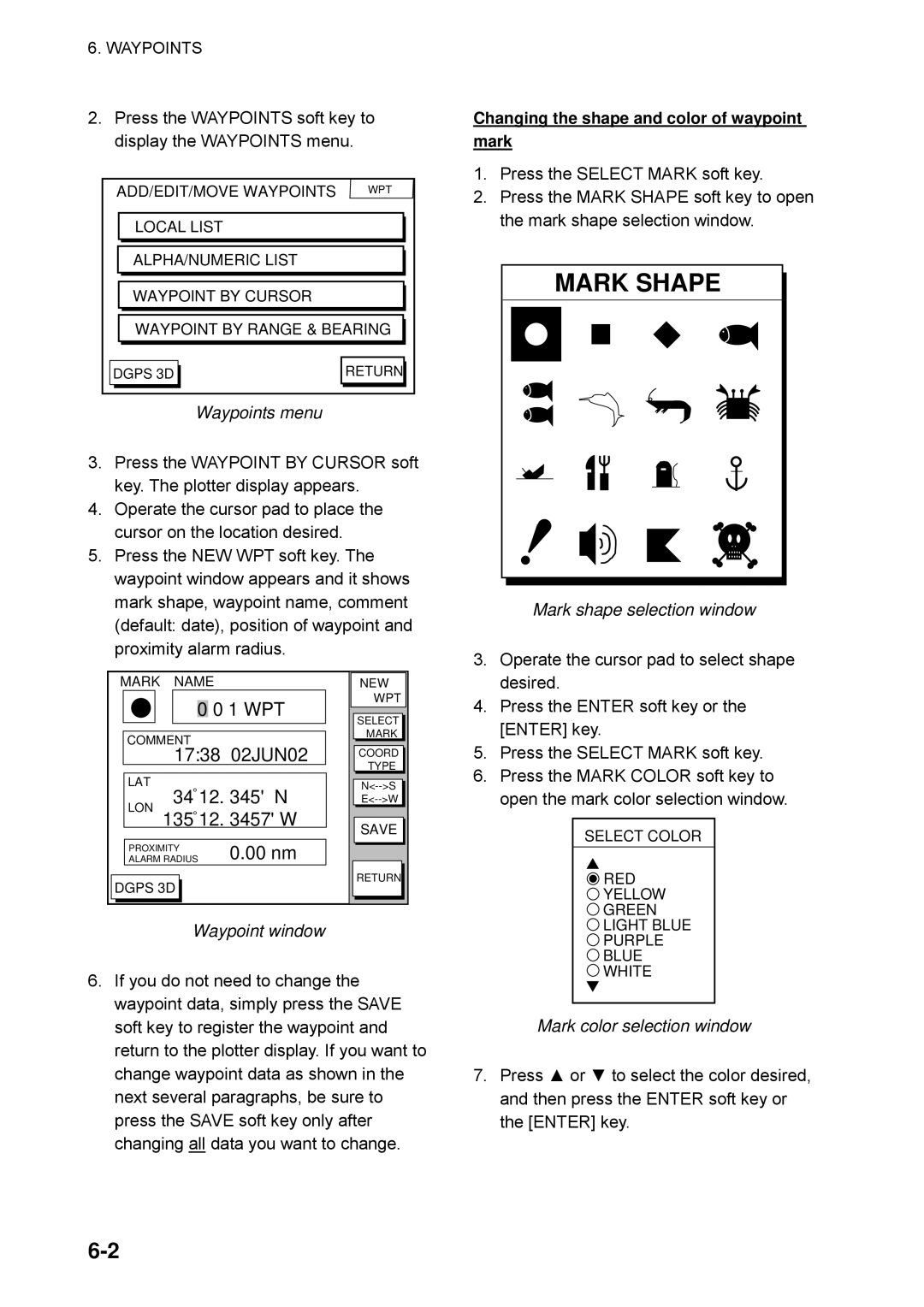 Furuno GP-1650WF, GP-1650WDF Waypoints menu, Waypoint window, Mark shape selection window, Mark color selection window 