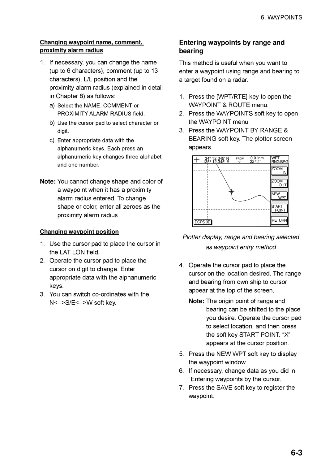 Furuno GP-1650WDF, GP-1650WF manual Entering waypoints by range and bearing 