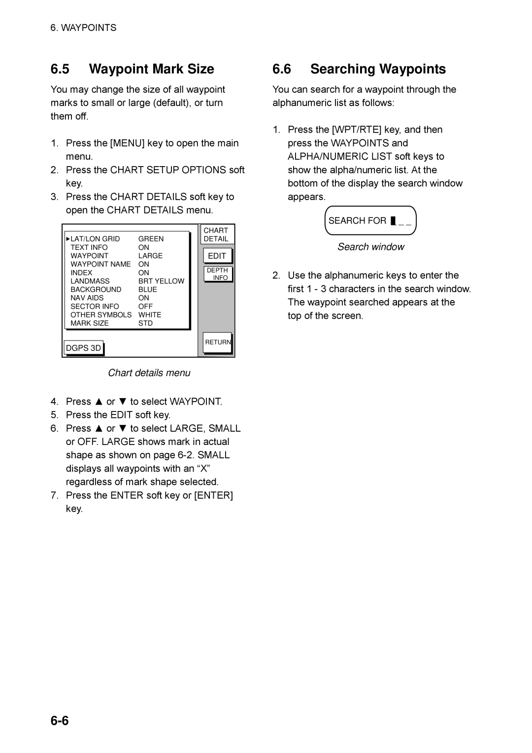 Furuno GP-1650WF, GP-1650WDF manual Waypoint Mark Size, Searching Waypoints, Search window 