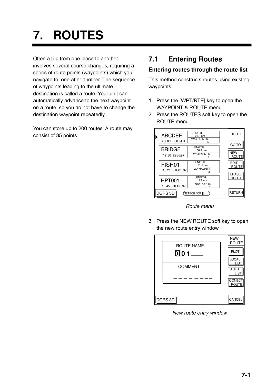 Furuno GP-1650WDF manual Entering Routes, Entering routes through the route list, Route menu, New route entry window 