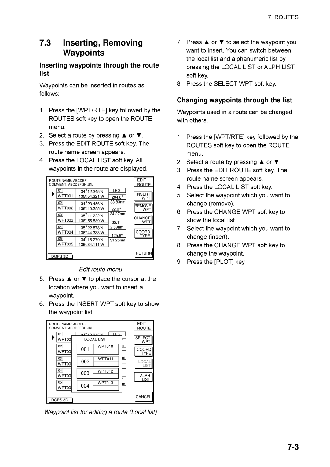 Furuno GP-1650WDF, GP-1650WF Inserting, Removing Waypoints, Inserting waypoints through the route list, Edit route menu 