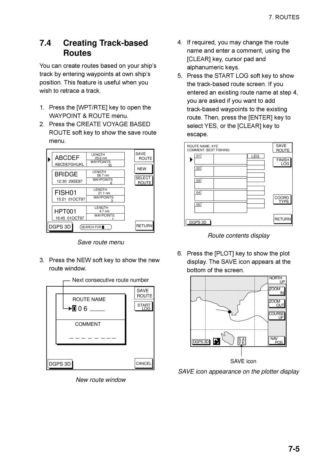 Furuno GP-1650WDF, GP-1650WF manual Creating Track-based Routes, Save route menu, New route window, Route contents display 