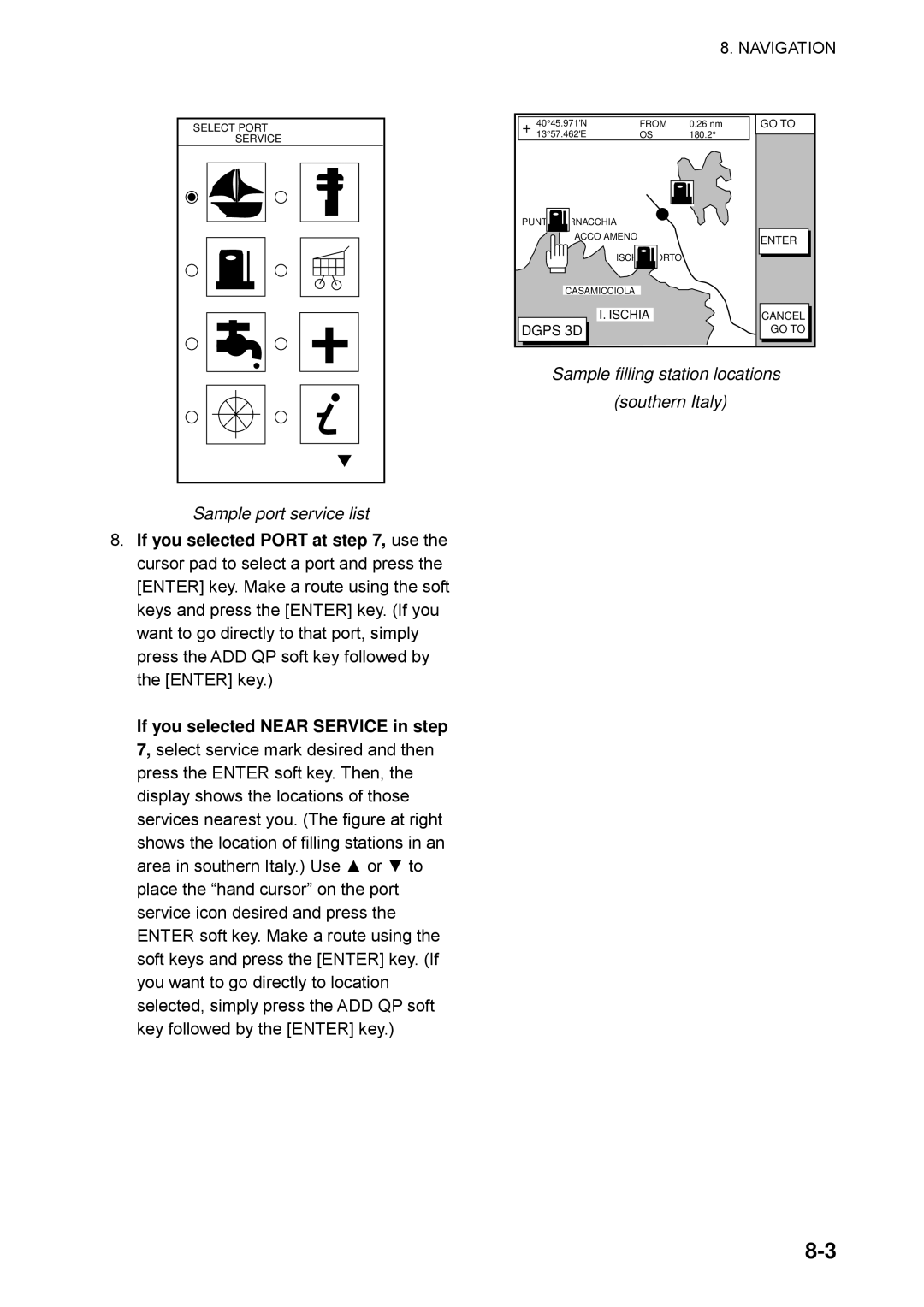 Furuno GP-1650WDF, GP-1650WF manual Sample port service list, Sample filling station locations southern Italy 