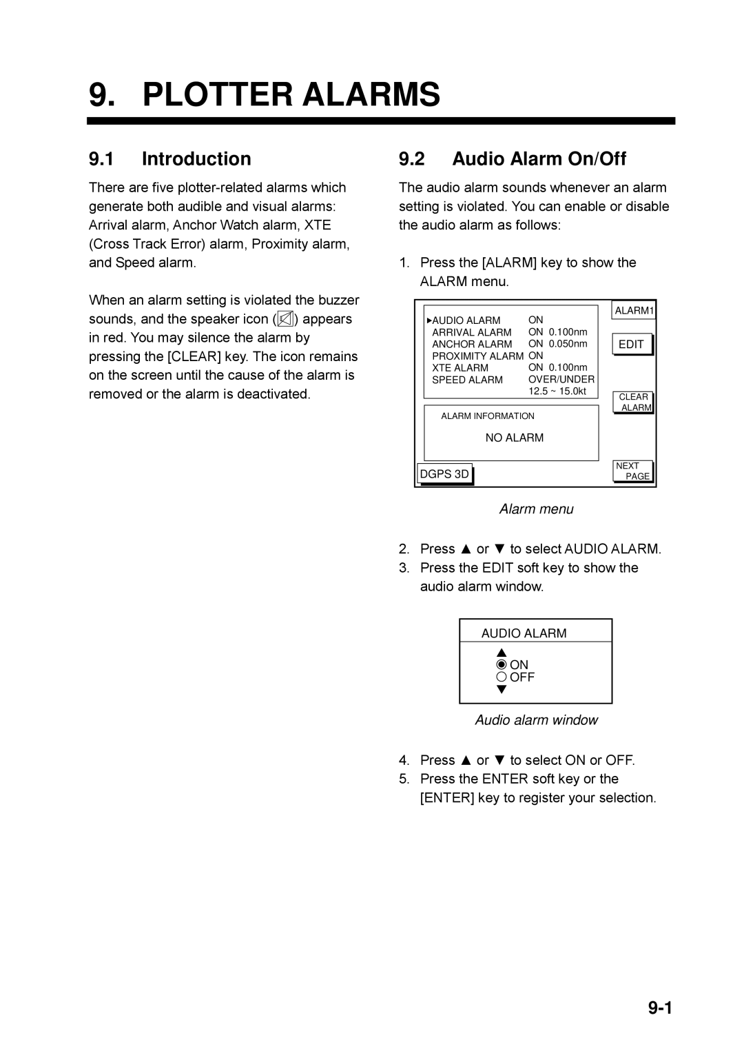 Furuno GP-1650WDF, GP-1650WF manual Plotter Alarms, Introduction, Audio Alarm On/Off, Alarm menu, Audio alarm window 