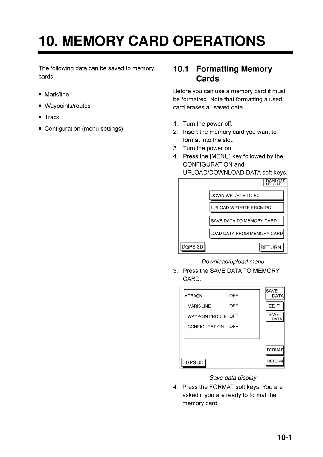 Furuno GP-1650WDF manual Memory Card Operations, Formatting Memory Cards, 10-1, Download/upload menu, Save data display 