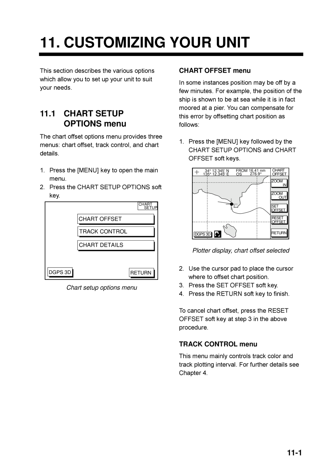 Furuno GP-1650WDF, GP-1650WF Customizing Your Unit, Chart Setup Options menu, 11-1, Chart Offset menu, Track Control menu 