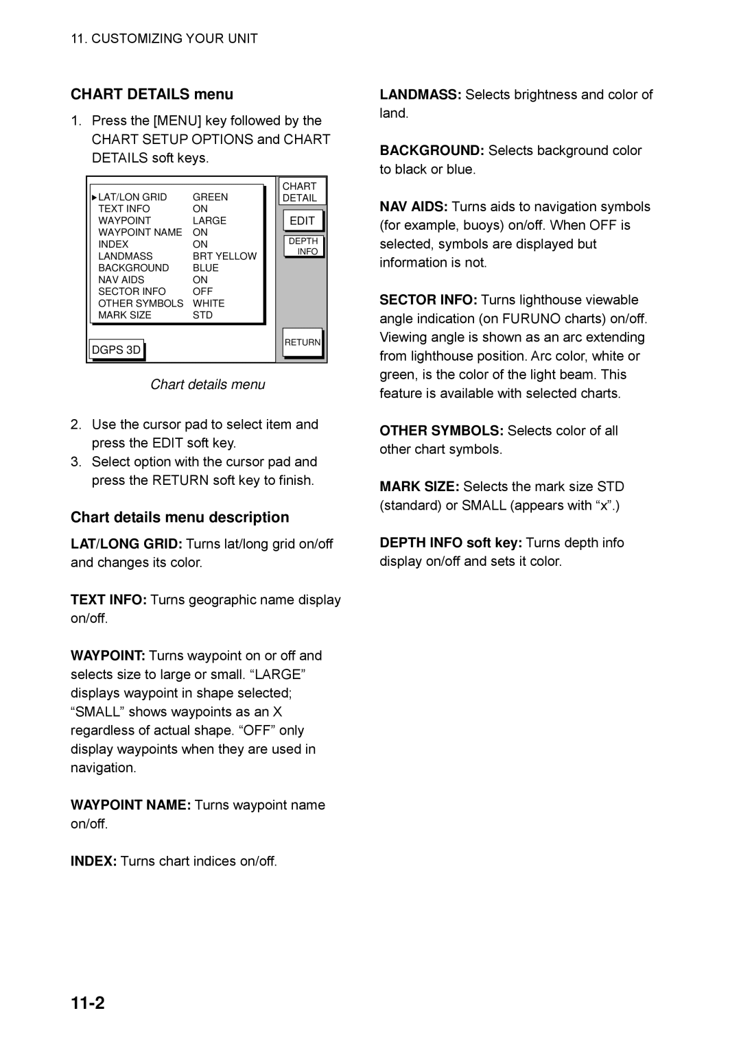 Furuno GP-1650WF, GP-1650WDF manual 11-2, Chart Details menu, Chart details menu description 