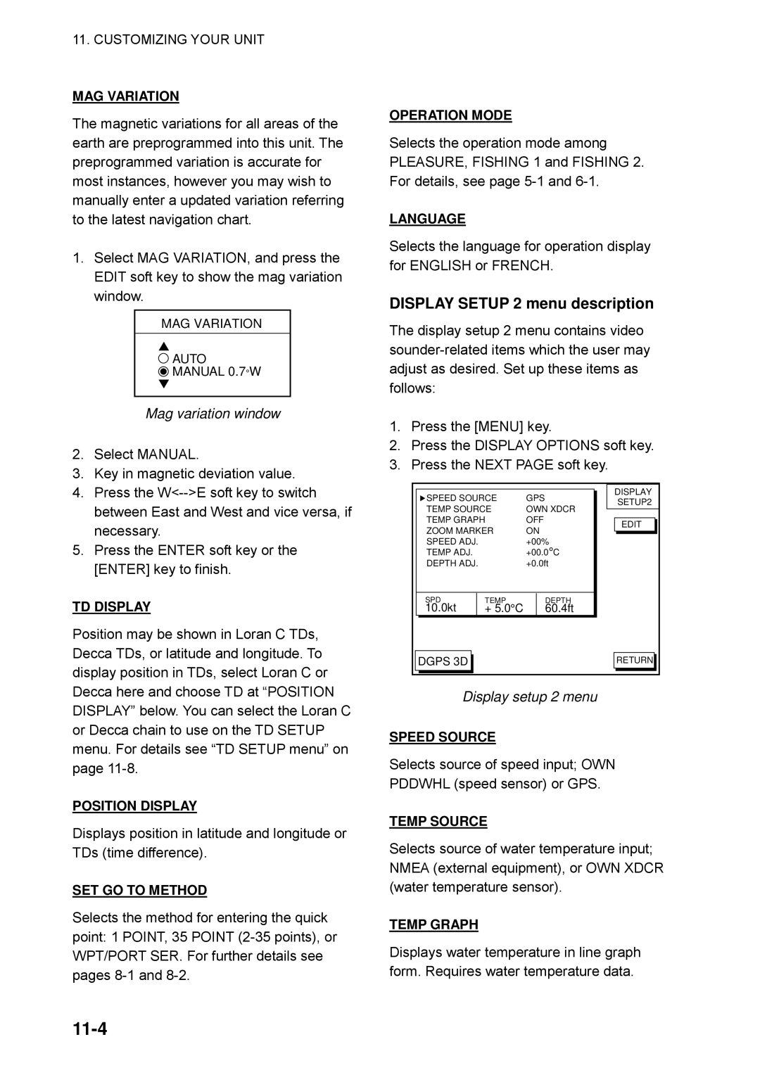 Furuno GP-1650WF, GP-1650WDF manual 11-4, Display Setup 2 menu description, Mag variation window, Display setup 2 menu 