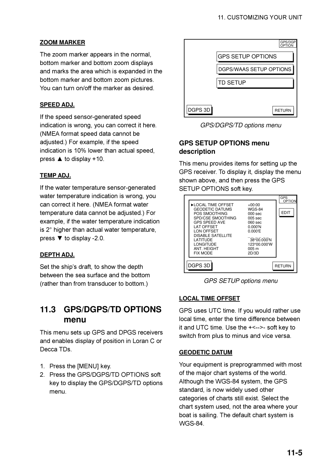 Furuno GP-1650WDF manual 11.3 GPS/DGPS/TD Options menu, 11-5, GPS Setup Options menu description, GPS/DGPS/TD options menu 