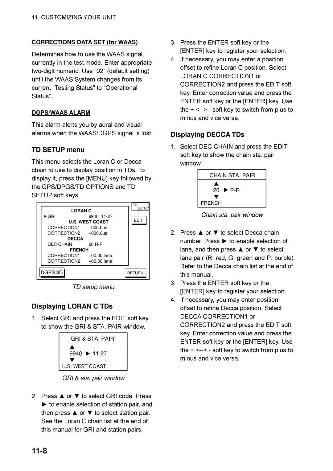 Furuno GP-1650WF, GP-1650WDF manual 11-8, TD Setup menu, Displaying Loran C TDs, Displaying Decca TDs 