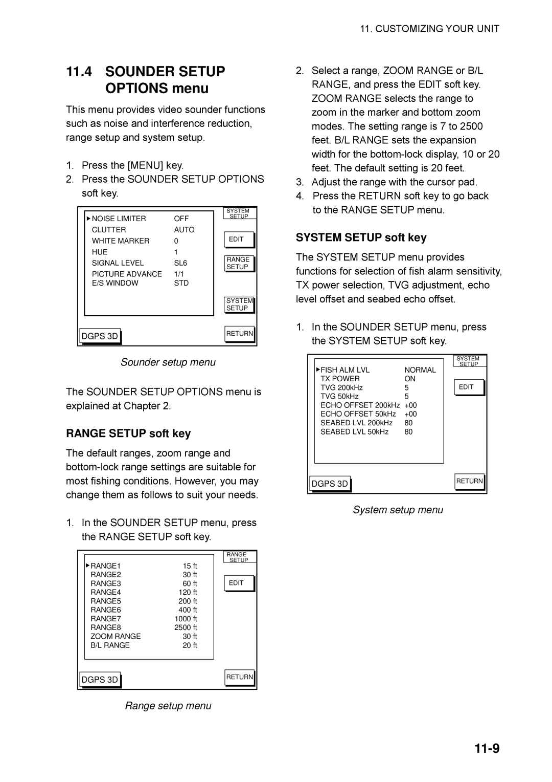 Furuno GP-1650WDF, GP-1650WF manual Sounder Setup Options menu, 11-9, System Setup soft key, Range Setup soft key 