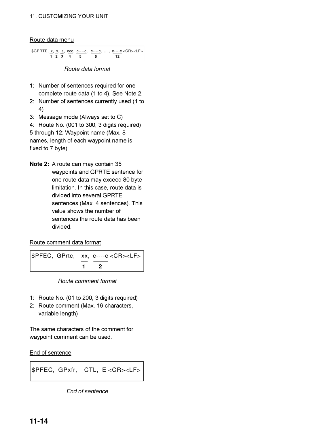 Furuno GP-1650WF, GP-1650WDF manual 11-14, Route data format, Route comment format, End of sentence 