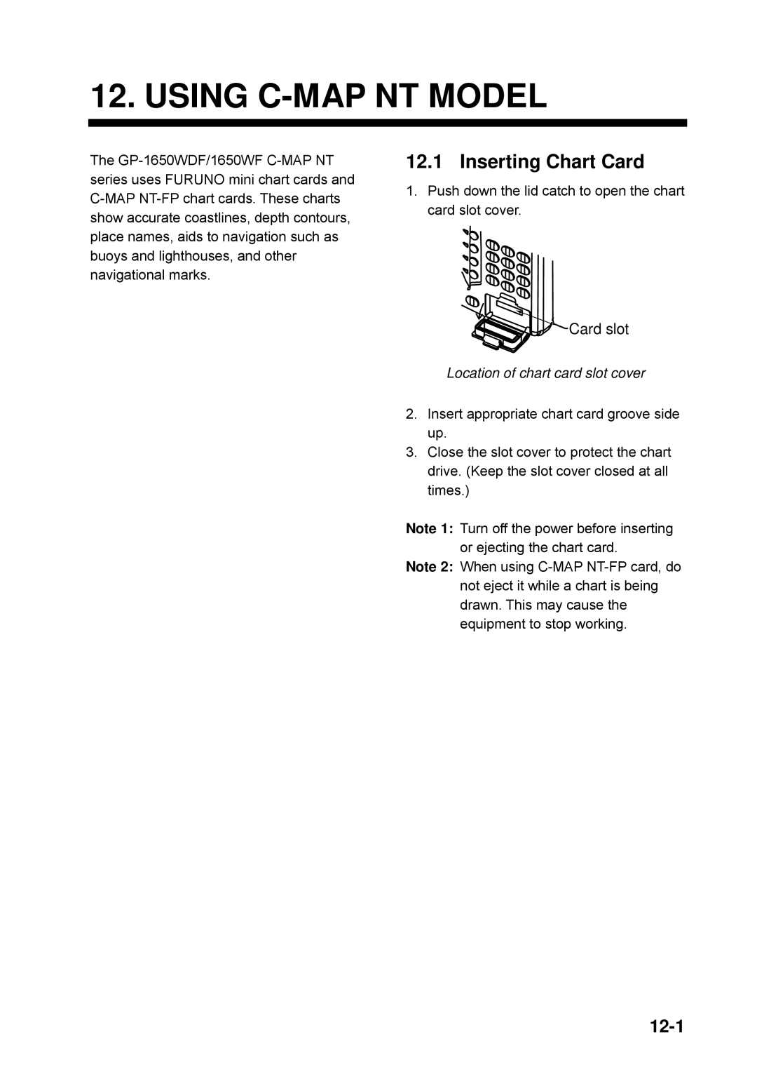 Furuno GP-1650WDF, GP-1650WF manual Using C-MAP NT Model, Inserting Chart Card, 12-1, Location of chart card slot cover 