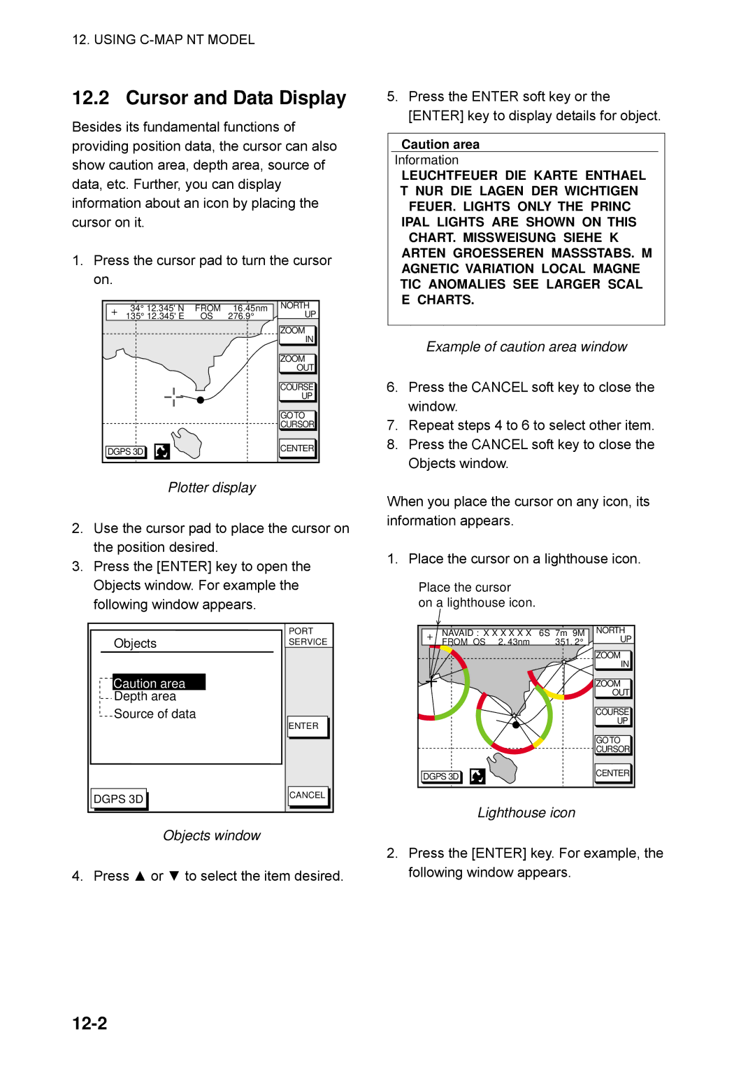 Furuno GP-1650WF manual Cursor and Data Display, 12-2, Objects window, Example of caution area window, Lighthouse icon 