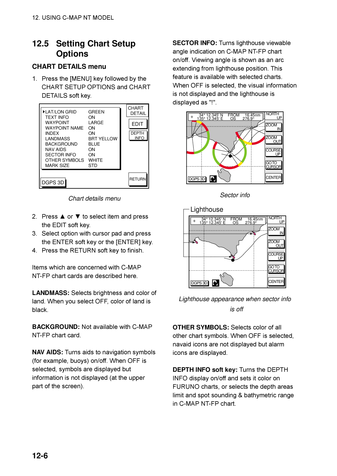 Furuno GP-1650WF, GP-1650WDF Setting Chart Setup Options, 12-6, Sector info, Lighthouse appearance when sector info is off 