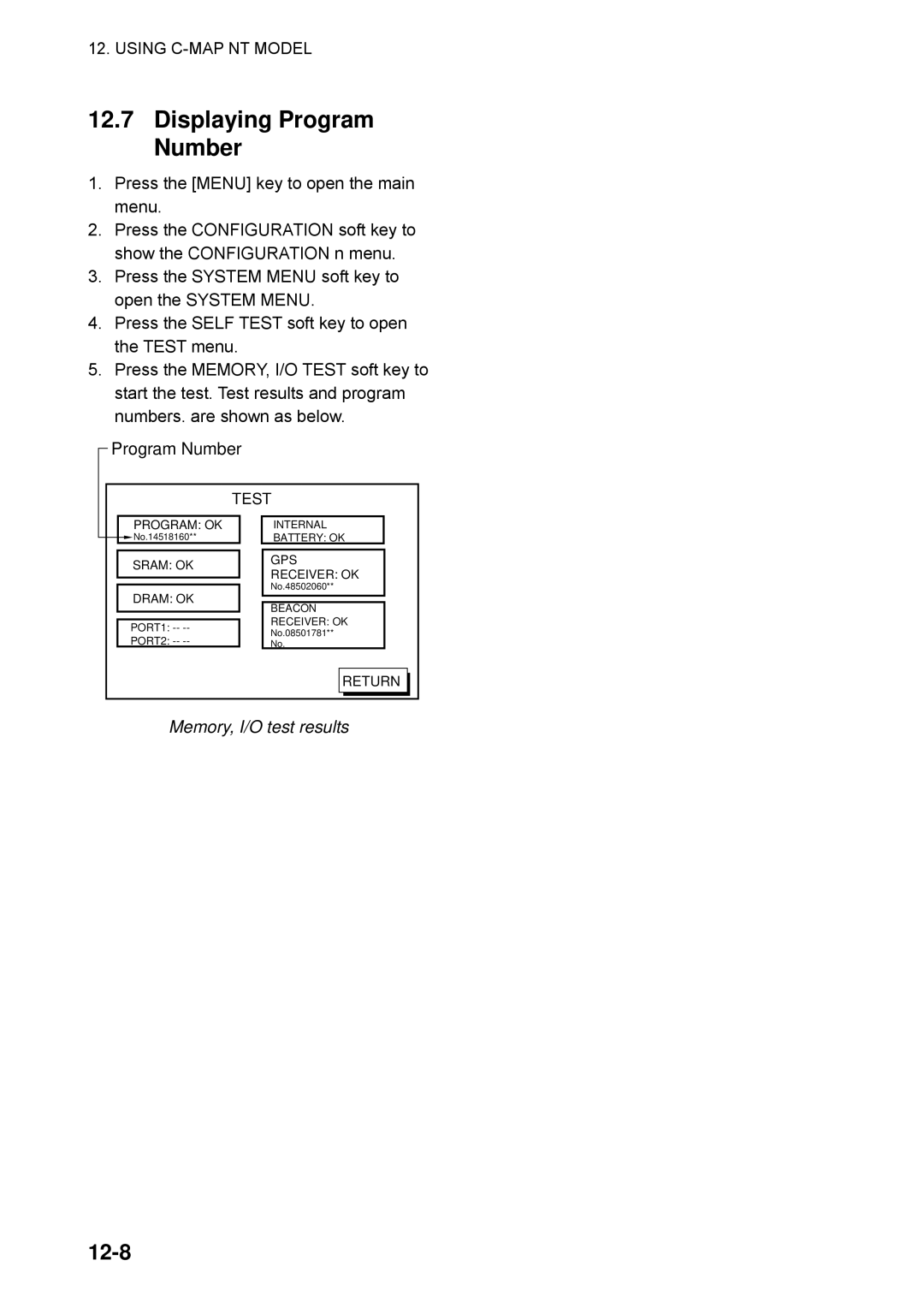 Furuno GP-1650WF, GP-1650WDF manual Displaying Program Number, 12-8, Memory, I/O test results 