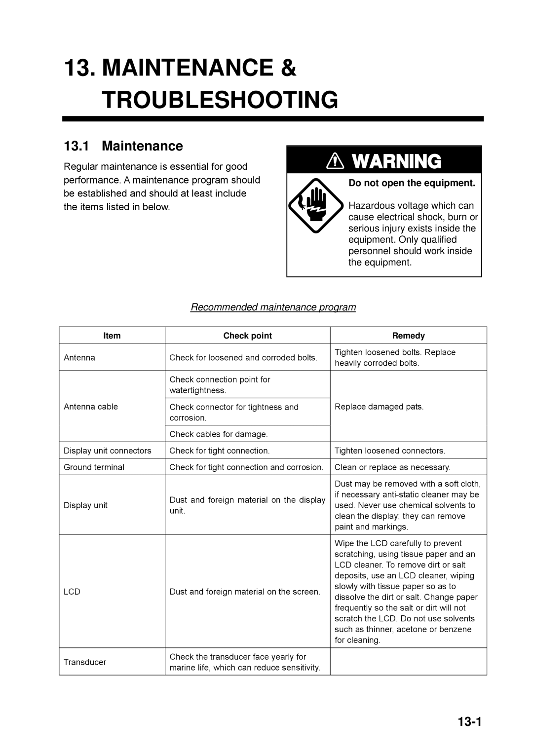 Furuno GP-1650WDF, GP-1650WF manual Maintenance & Troubleshooting, 13-1, Recommended maintenance program 