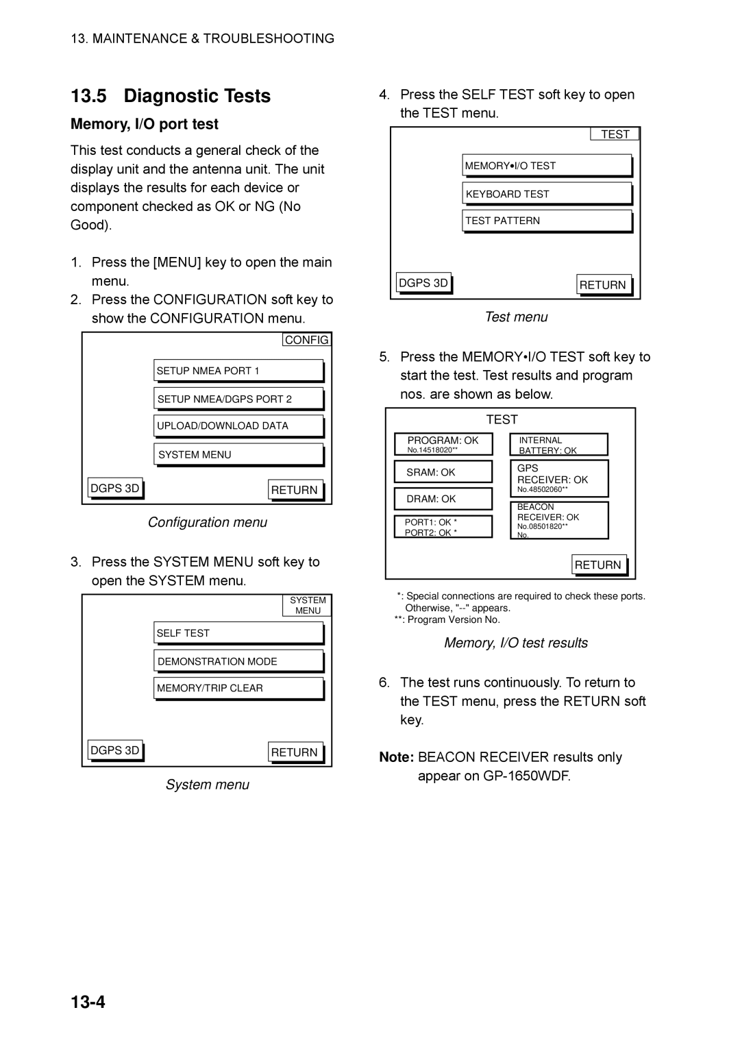 Furuno GP-1650WF, GP-1650WDF manual Diagnostic Tests, 13-4, Memory, I/O port test, Test menu, System menu 