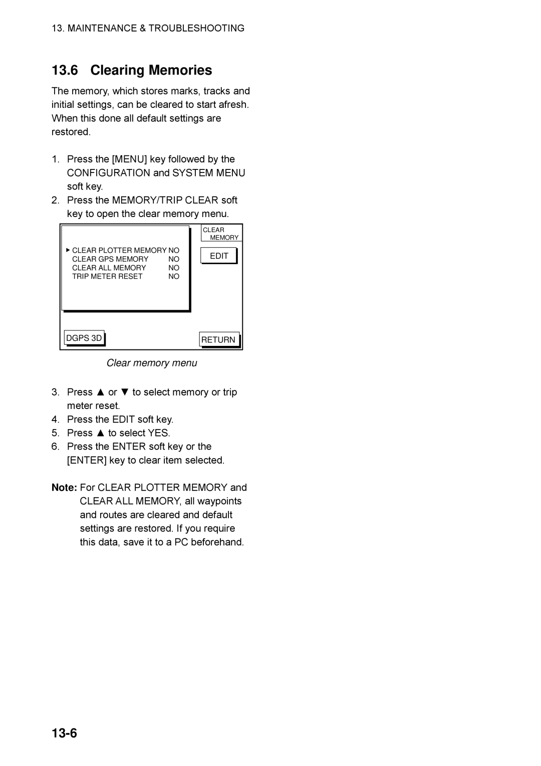 Furuno GP-1650WF, GP-1650WDF manual Clearing Memories, 13-6 
