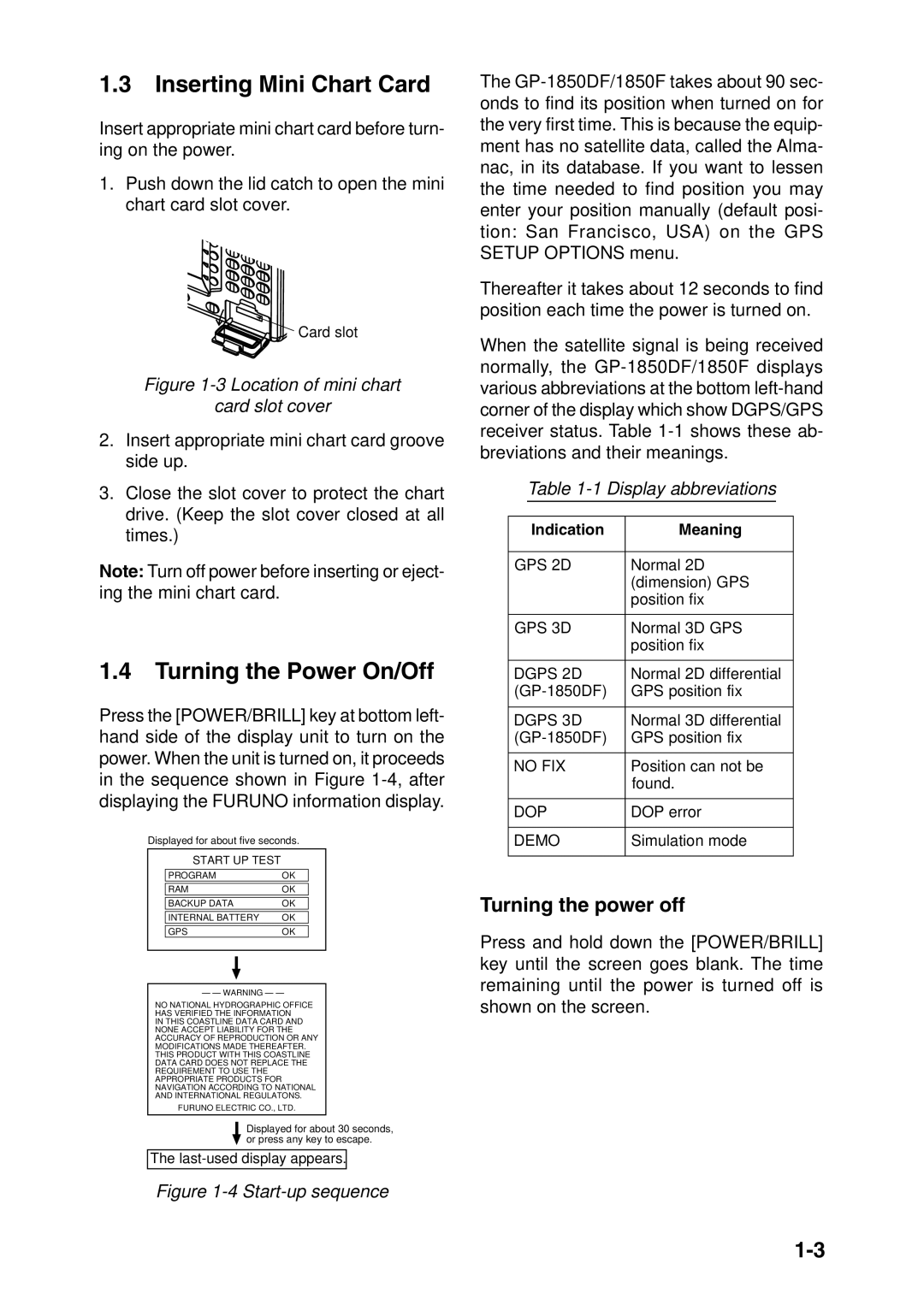 Furuno GP-1850F manual Inserting Mini Chart Card, Turning the Power On/Off, Turning the power off, Display abbreviations 