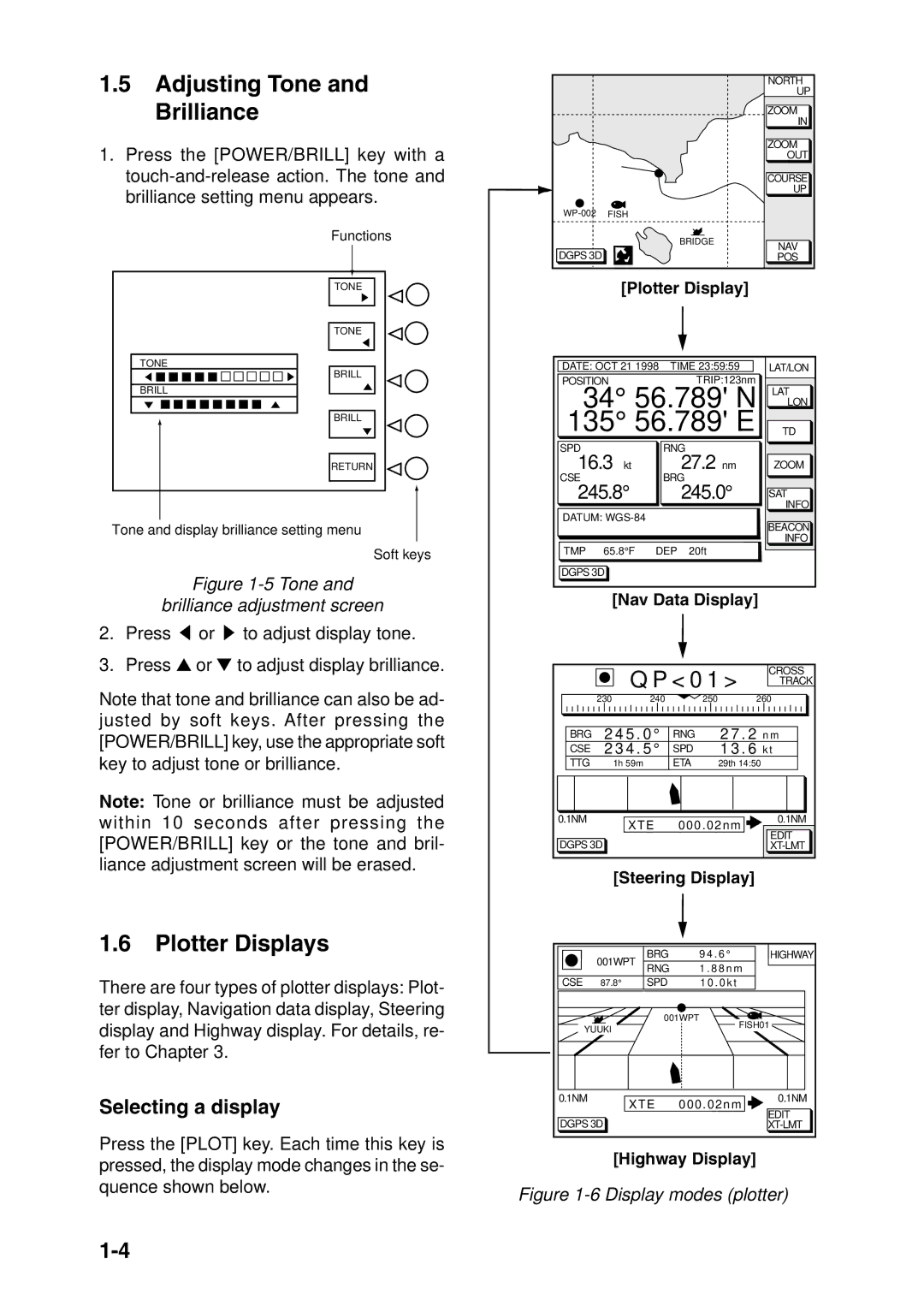 Furuno GP-1850DF, GP-1850F manual Adjusting Tone and Brilliance, Plotter Displays, Selecting a display 