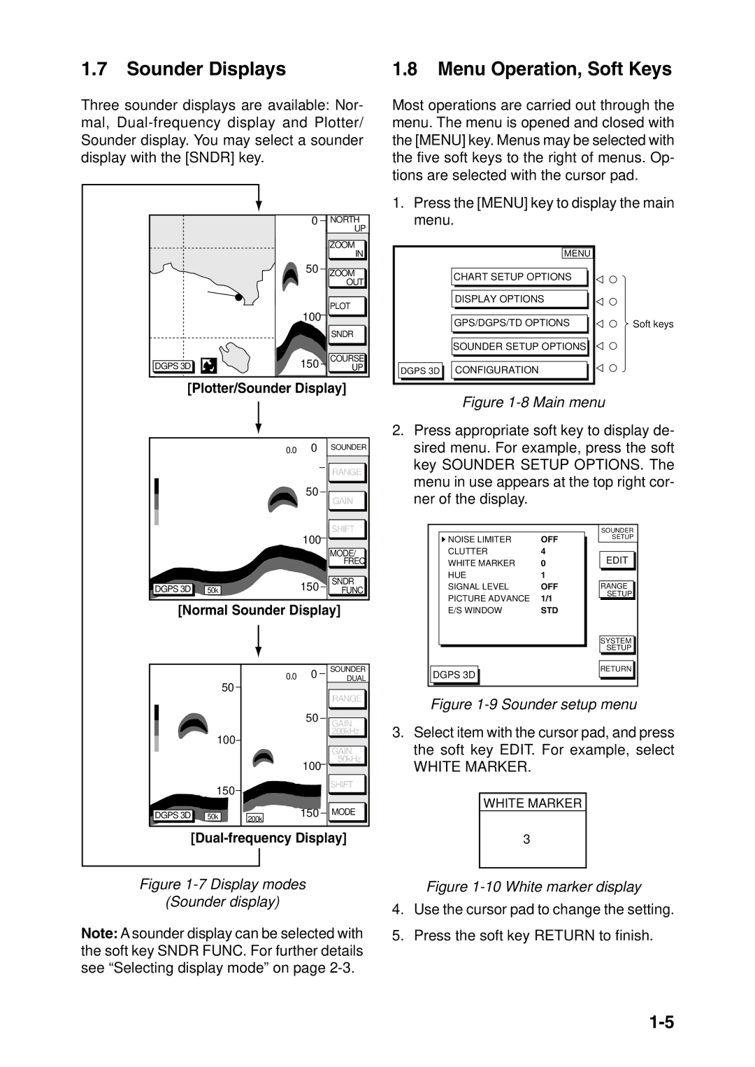 Furuno GP-1850F, GP-1850DF Sounder Displays, Menu Operation, Soft Keys, Plotter/Sounder Display, Normal Sounder Display 