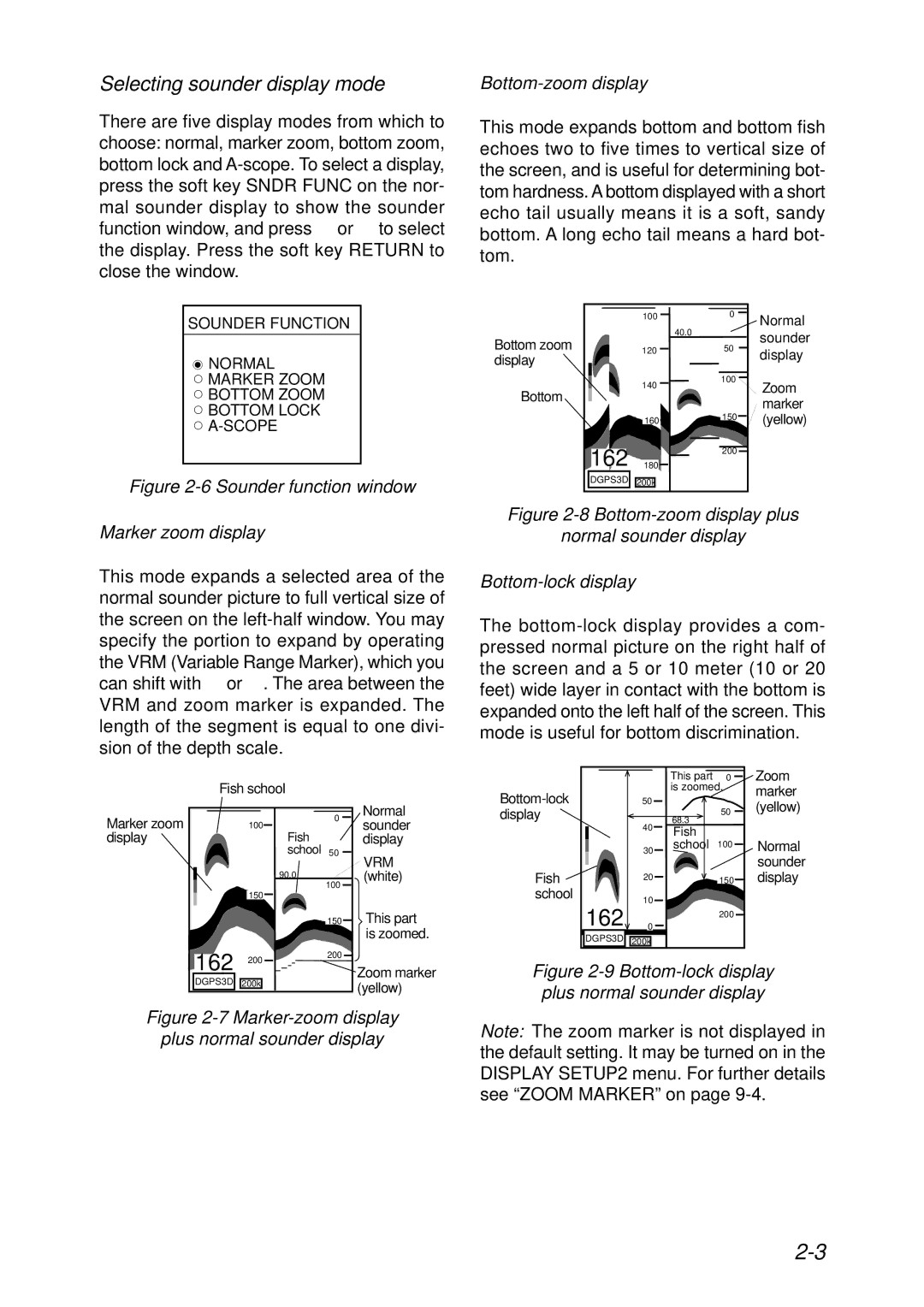 Furuno GP-1850F, GP-1850DF Selecting sounder display mode, Bottom-zoom display, Marker zoom display, Bottom-lock display 
