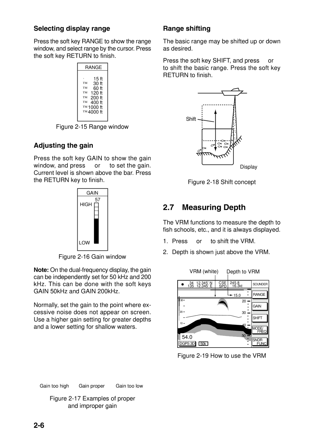 Furuno GP-1850DF, GP-1850F manual Measuring Depth, Selecting display range, Adjusting the gain, Range shifting 