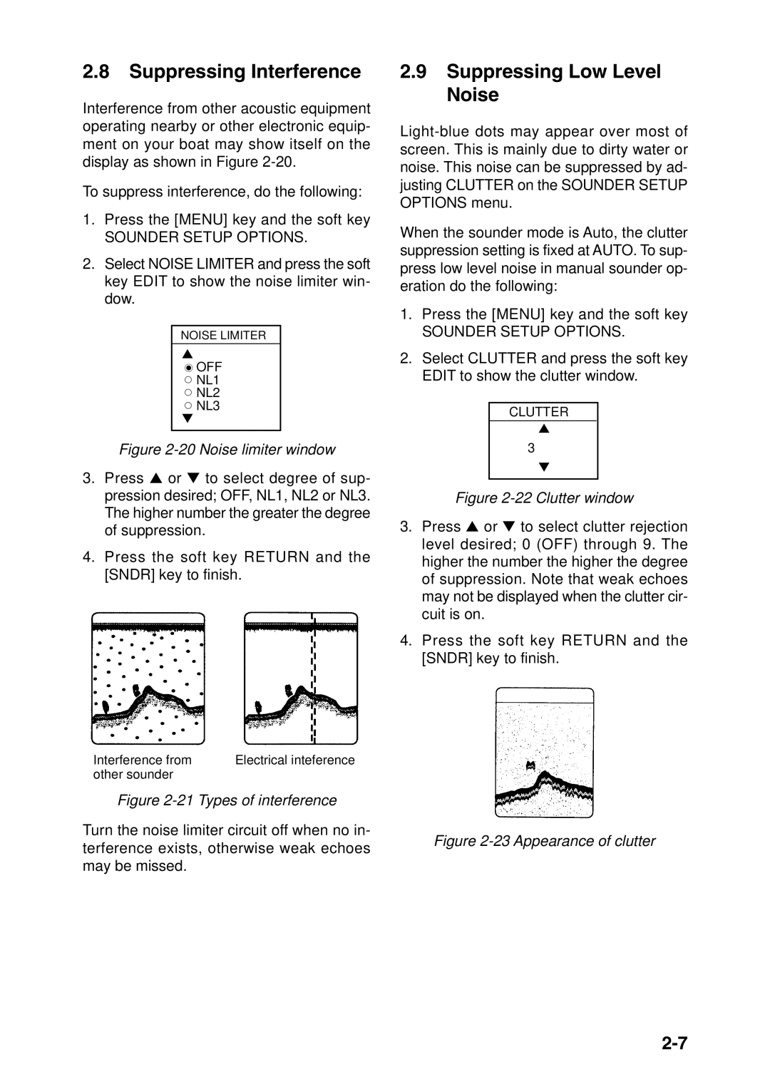 Furuno GP-1850F, GP-1850DF manual Suppressing Interference, Suppressing Low Level Noise, Sounder Setup Options 