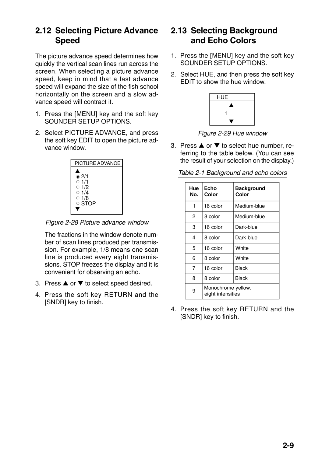 Furuno GP-1850F manual Selecting Picture Advance Speed, Selecting Background and Echo Colors, Background and echo colors 