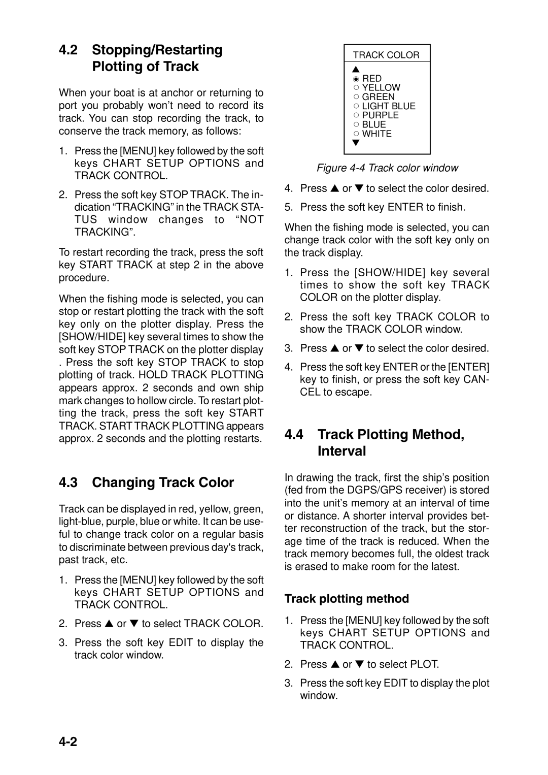 Furuno GP-1850DF, GP-1850F Stopping/Restarting Plotting of Track, Changing Track Color, Track Plotting Method, Interval 