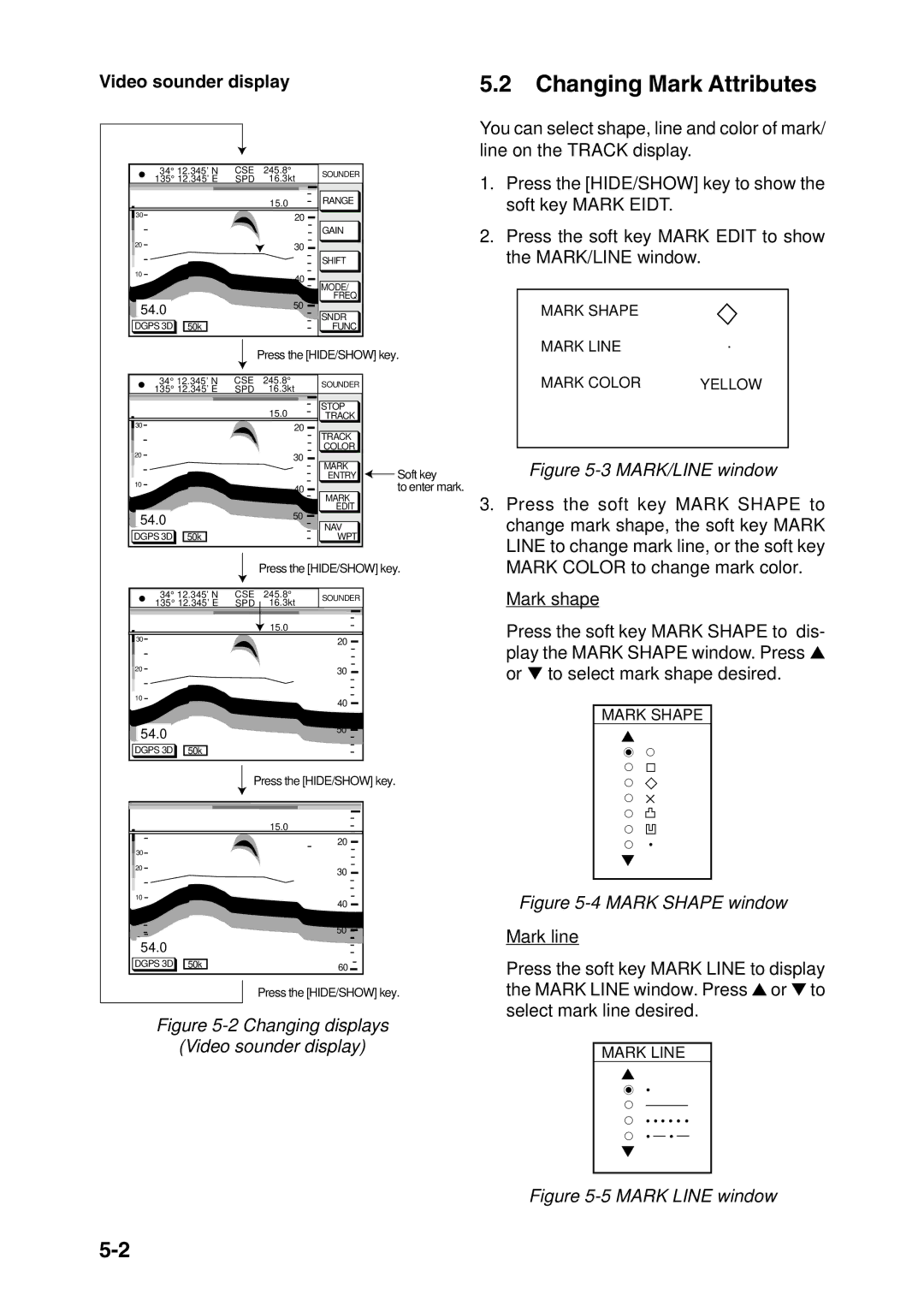 Furuno GP-1850DF, GP-1850F manual Changing Mark Attributes, Video sounder display 