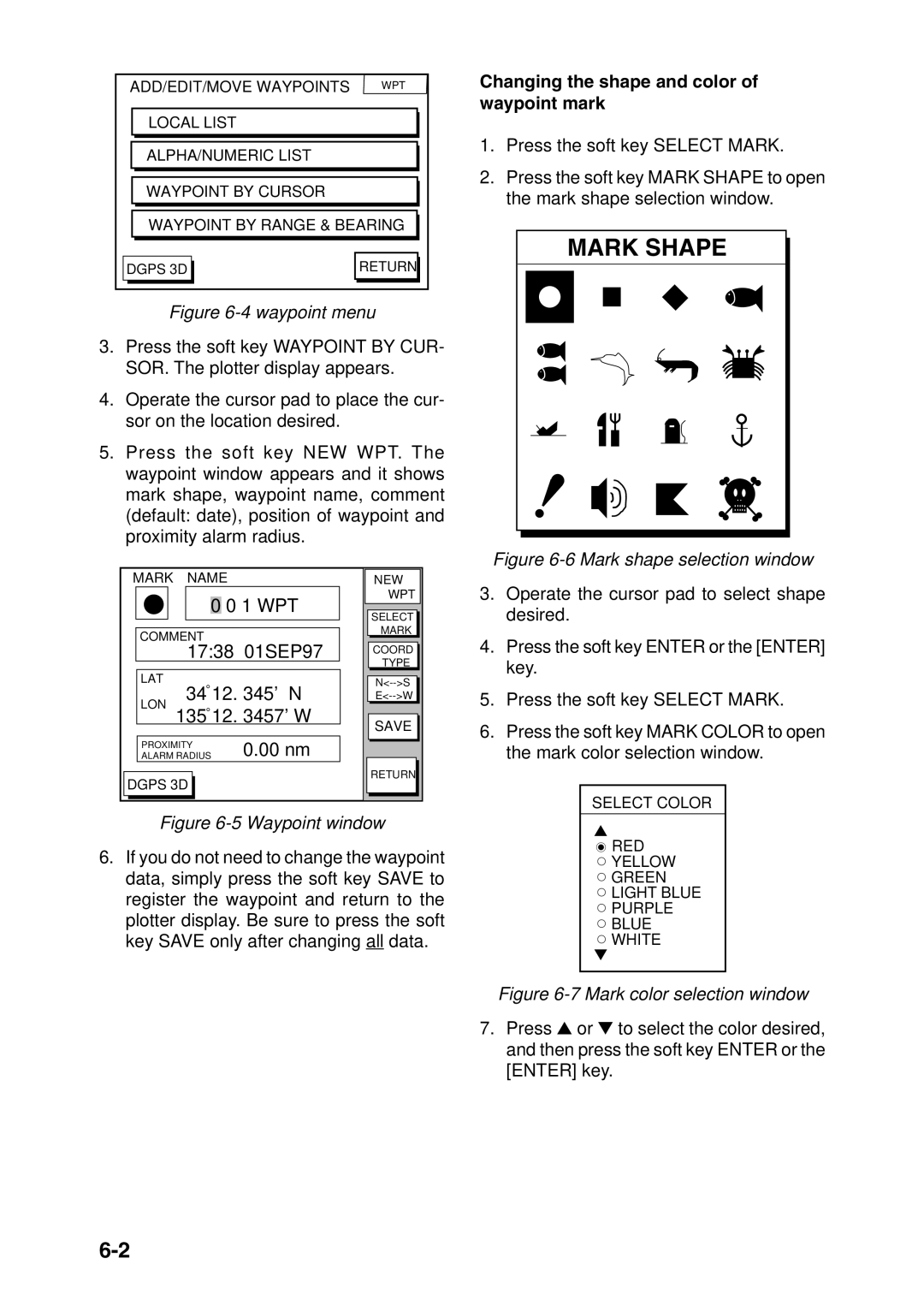 Furuno GP-1850DF, GP-1850F manual Waypoint menu, Changing the shape and color of waypoint mark 