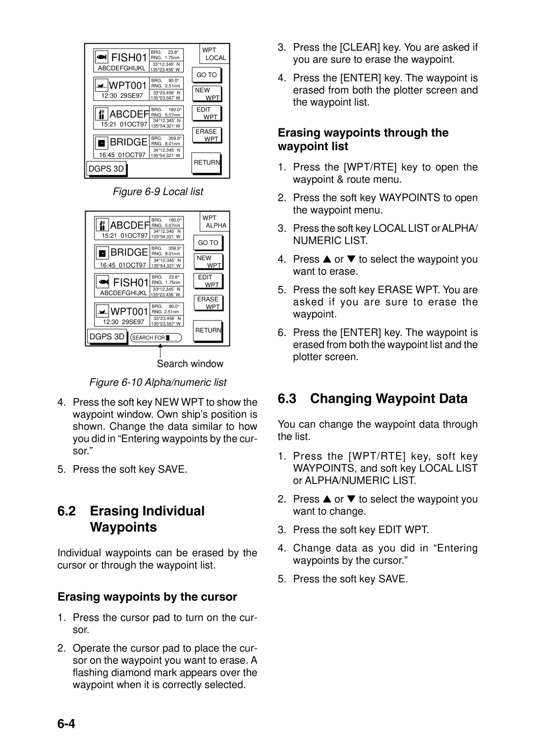 Furuno GP-1850DF manual Erasing Individual Waypoints, Changing Waypoint Data, Erasing waypoints through the waypoint list 