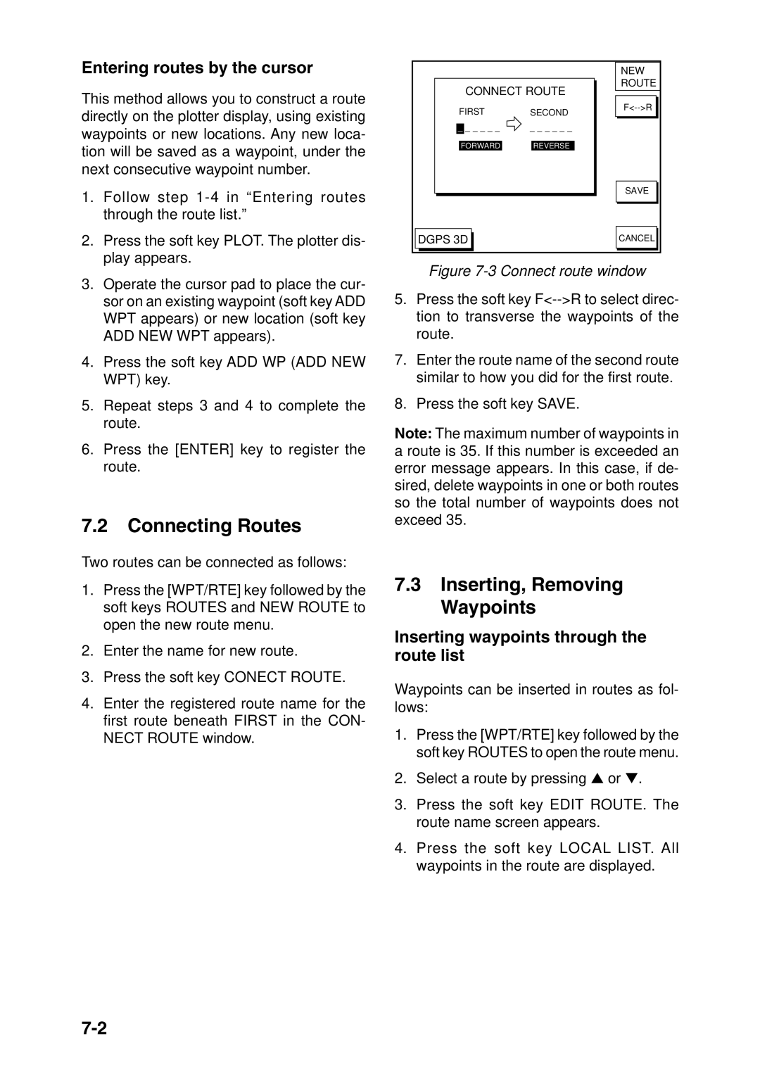 Furuno GP-1850DF, GP-1850F manual Connecting Routes, Inserting, Removing Waypoints, Entering routes by the cursor 