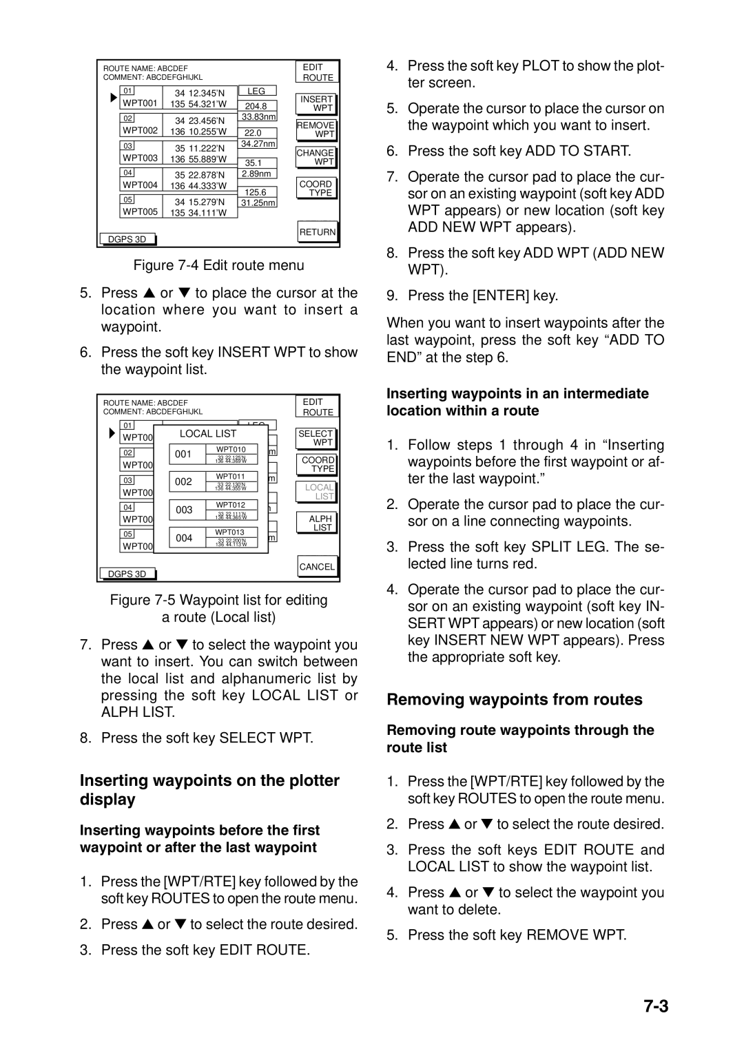 Furuno GP-1850F, GP-1850DF manual Inserting waypoints on the plotter display, Removing waypoints from routes, Alph List, Wpt 