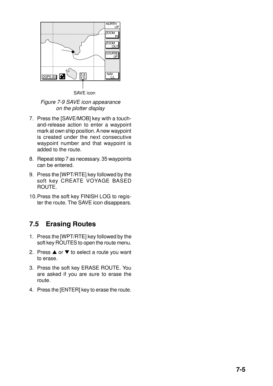 Furuno GP-1850F, GP-1850DF manual Erasing Routes, Save icon appearance On the plotter display 