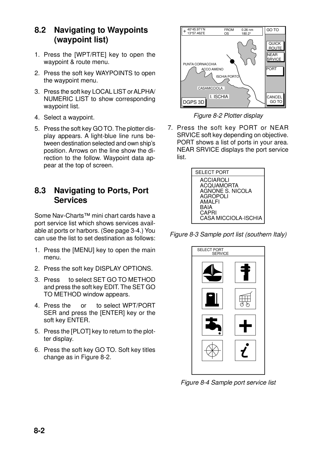 Furuno GP-1850DF, GP-1850F manual Navigating to Waypoints waypoint list, Navigating to Ports, Port Services 