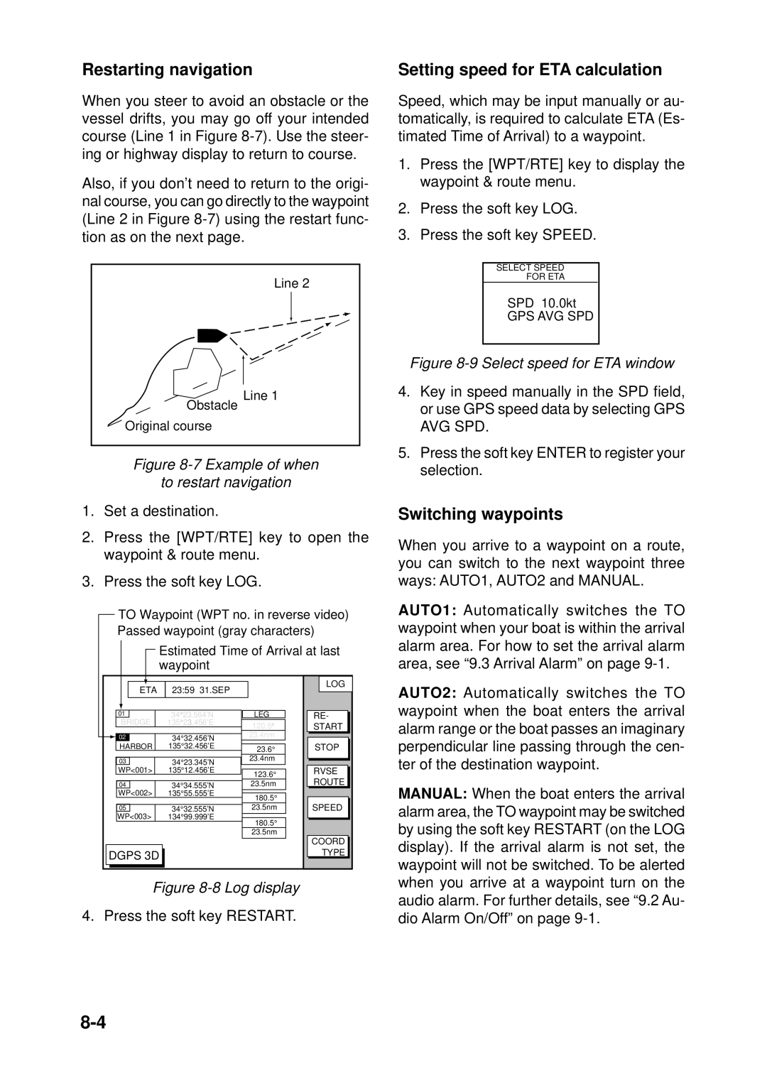 Furuno GP-1850DF, GP-1850F manual Restarting navigation, Setting speed for ETA calculation, Switching waypoints 