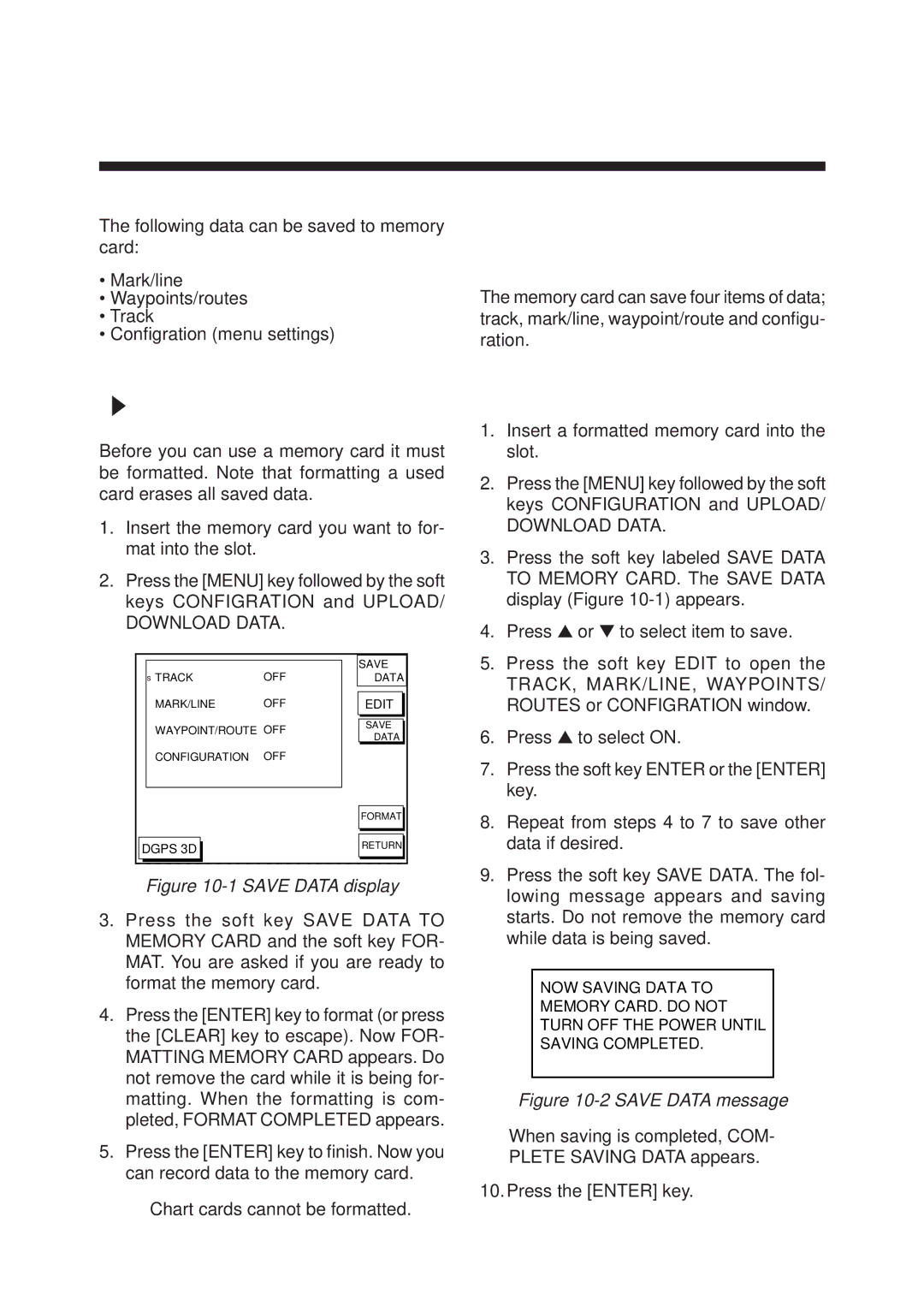 Furuno GP-1850F, GP-1850DF manual Saving Data to Memory Card, Formatting Memory Cards, 10-1, Saving data 